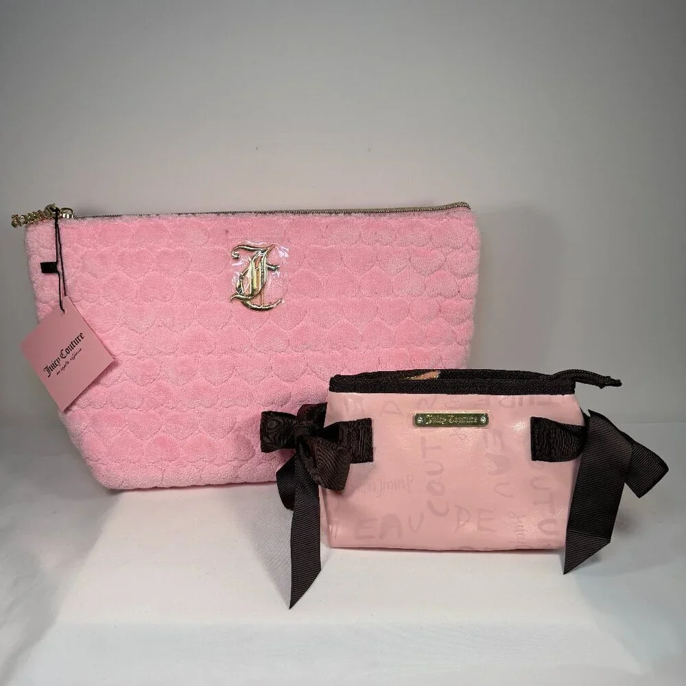 NWT JUICY Couture 2-Pc Travel Cosmetic Makeup Bags Pink Velour Hearts